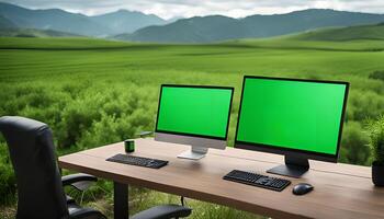 Desktop in Nature A serene blend of technology and nature photo