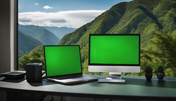 Laptop and Desktop Computer by Window with Mountain View photo