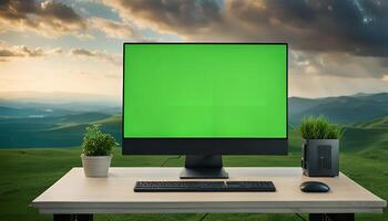 Computer on a Desk with Green Screen and Mountain View photo