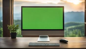 Computer on Desk with Green Screen and Mountain View photo