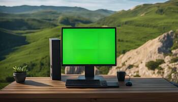 Desktop Computer with Green Screen in Front of a Mountain Landscape photo
