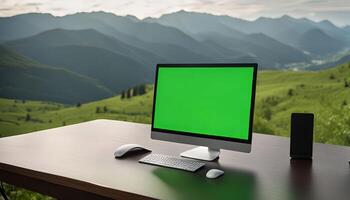 Desktop Computer with Green Screen Facing Stunning Mountain View photo
