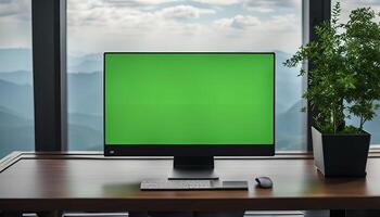 Computer with Green Screen on Desk with Mountain View photo