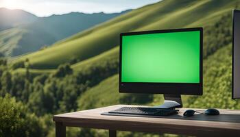 Computer with Green Screen in Front of Lush Mountain Landscape photo