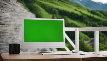 Desktop computer with a green screen on a balcony with a view of a mountain photo