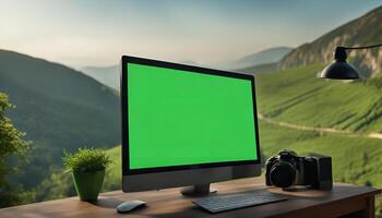 Computer and Camera with Mountain View photo
