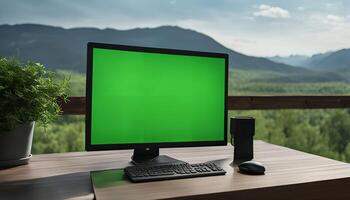 Computer with Green Screen on Desk with Mountain View photo