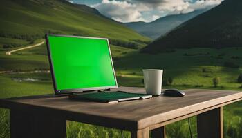 Laptop on a Table with a Mountain View photo