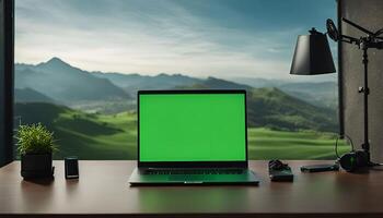 Laptop with Green Screen in Front of a Mountain View photo