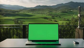 Laptop with green screen on a balcony with a mountain view photo
