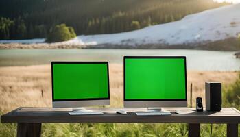 Two Computers with Green Screens in a Natural Setting photo