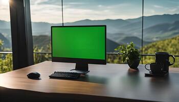 Computer Screen with Mountains in the Background photo