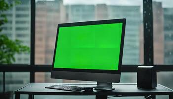 Computer with Green Screen on Desk During Rain photo