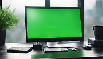 Green Screen Computer Setup on a Desk photo