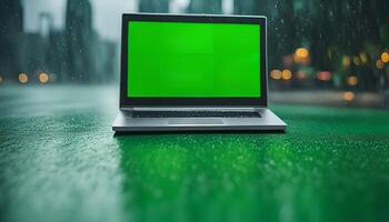 Laptop in the Rain with Green Screen photo
