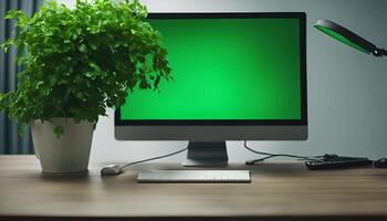 Modern Home Office Desk Setup with Green Screen Computer photo