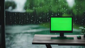 Computer on a Desk with Rainy Window View photo