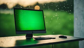 Computer on Desk with Green Screen and Raindrops on Window photo