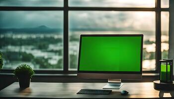 Green Screen Computer on Desk with City View photo