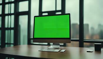 Computer with Green Screen on Desk in Office Setting photo