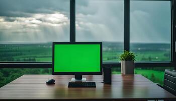 Green Screen Computer on Office Desk with Window View photo