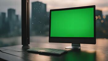 Desktop Computer with Green Screen in a City Office Setting photo