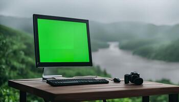Computer and camera on a wooden table with a beautiful view of the river and mountains photo