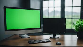 Computer Setup with Green Screen Monitor photo