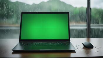 Laptop on a desk with a green screen in front of a window with rain photo