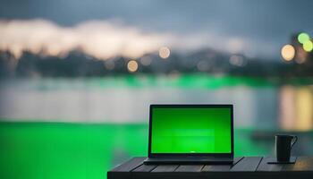 Laptop with Green Screen on a Table by the Water photo