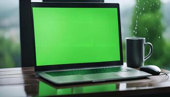 Laptop with a green screen, a mug and a mouse on a wooden table with a rainy window in the background photo
