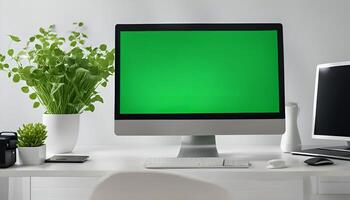 Modern Minimalist Workspace with Green Screen Desktop Computer photo