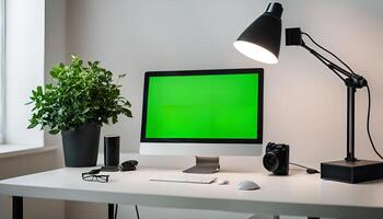 Minimalist Home Office Desk Setup with a Green Screen Computer photo