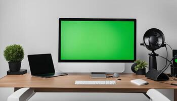 Modern Workspace with Green Screen Computer photo