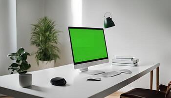 Minimalist Workspace with Green Screen Computer photo