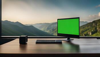 Computer Screen with Green Screen Facing Mountain View photo