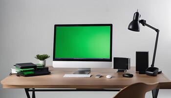 Modern Workspace with Green Screen Computer photo
