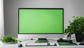 Minimalist Desktop with Green Screen Computer photo