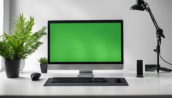 Minimalist Desk Setup with Green Screen Computer photo
