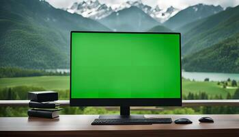 Desktop Computer with Green Screen in Front of Mountain Landscape photo