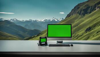 Desktop with Green Screen Displaying Breathtaking Mountain View photo