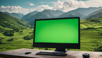 Computer Screen with Green Background Against Mountainous Landscape photo
