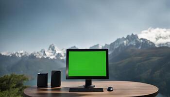 Computer with Green Screen Facing Stunning Mountain View photo