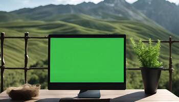 Computer with green screen on a wooden desk with a mountain view photo