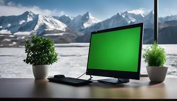 Computer with Mountain View photo