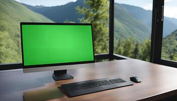 Computer on a desk with a view of nature photo