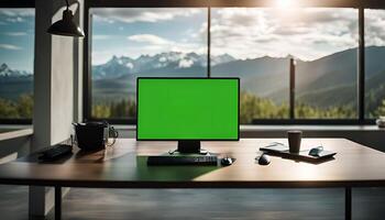 Modern Workspace with Mountain View photo