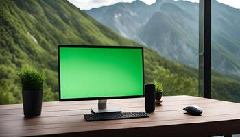 Green Screen Computer Desk with Mountain View photo