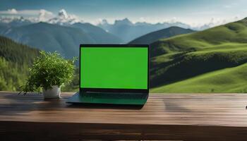 Laptop with Mountain View photo