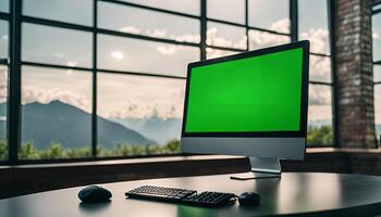 Desktop Computer with Green Screen in a Modern Office photo